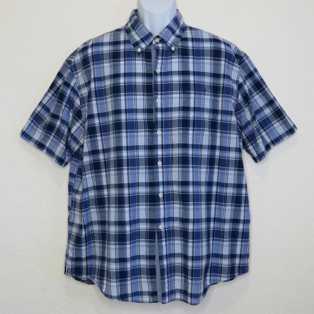 Izod* Men's Short Sleeve Button Down Curved Hem Chest Pocket Plaid Shirt~Size XL
